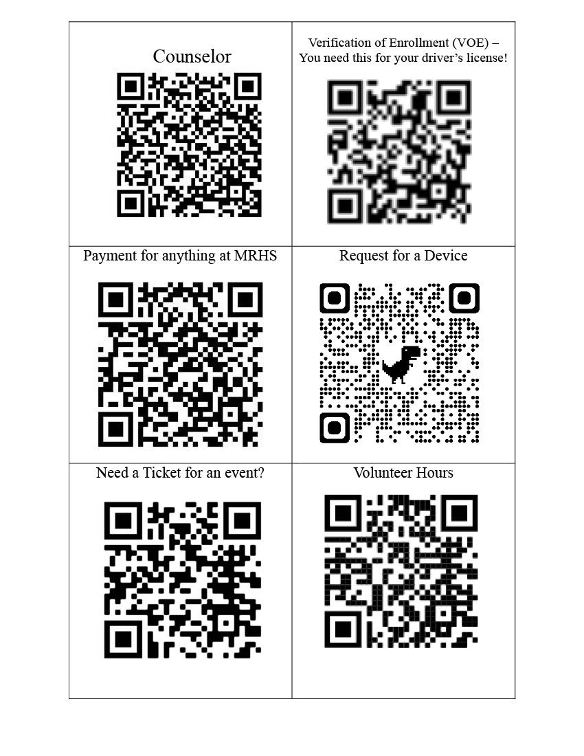 Class of 2026 QR Codes for counselor, VOE, Payment, Device Request, Ticket for event, Volunteer hours. 
